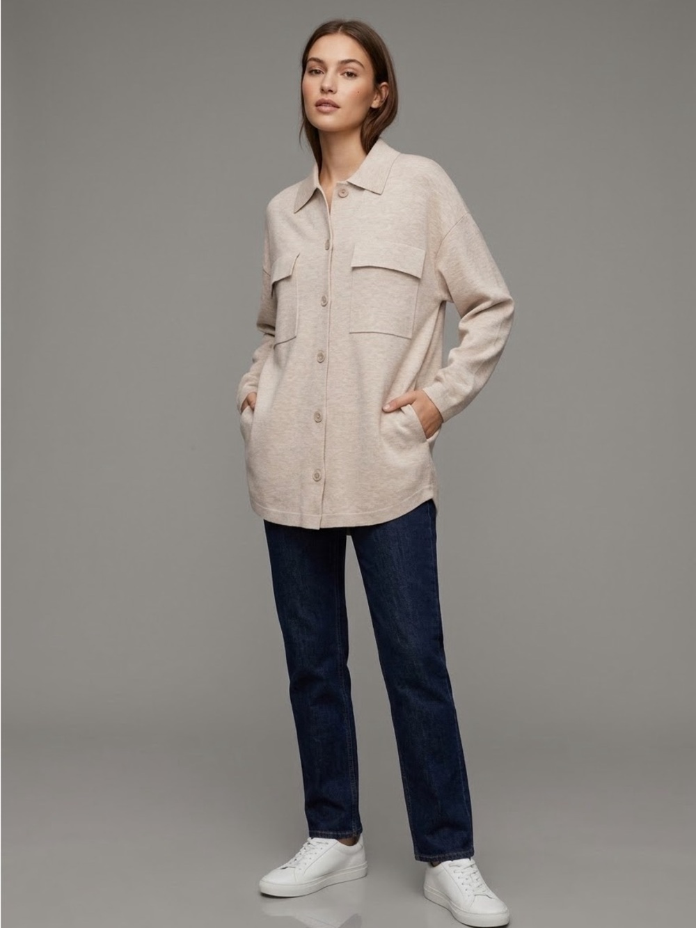 Aritzia Wilfred Free Ronnie Sweater Knit Shirt Jacket Beige M